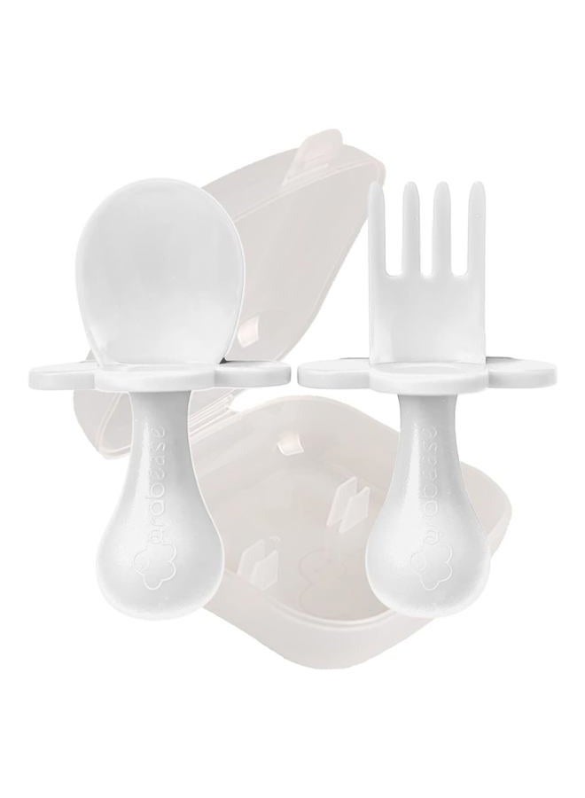 Grabease Baby Feeding Utensils Set - Infant and Baby Fork and Spoon for Ages 1-11 Months, BPAs and Phthalate-Free Cutlery, Plastic, 1 Set, White - Image 1