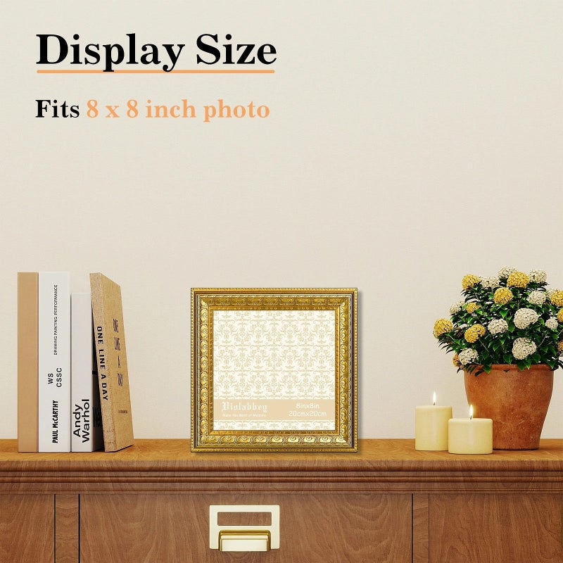 VIOLABBEY 8x8 Picture Frame Gold, Vintage Photo Frame for Wall or Tabletop Display, Classic Design for Office Home Decor, Fits 8X8 Pictures - Image 2