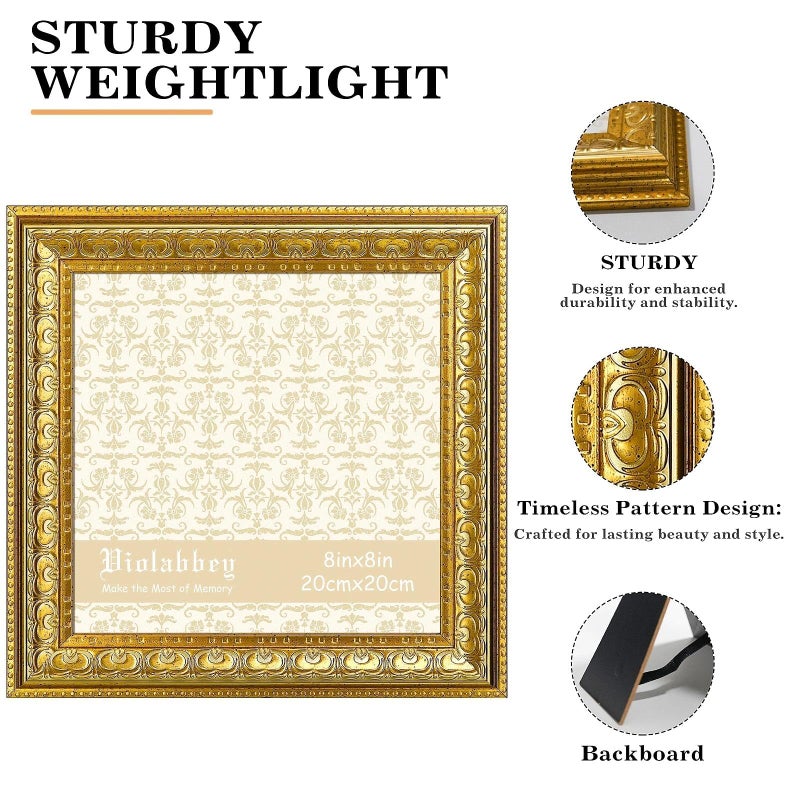 VIOLABBEY 8x8 Picture Frame Gold, Vintage Photo Frame for Wall or Tabletop Display, Classic Design for Office Home Decor, Fits 8X8 Pictures - Image 3