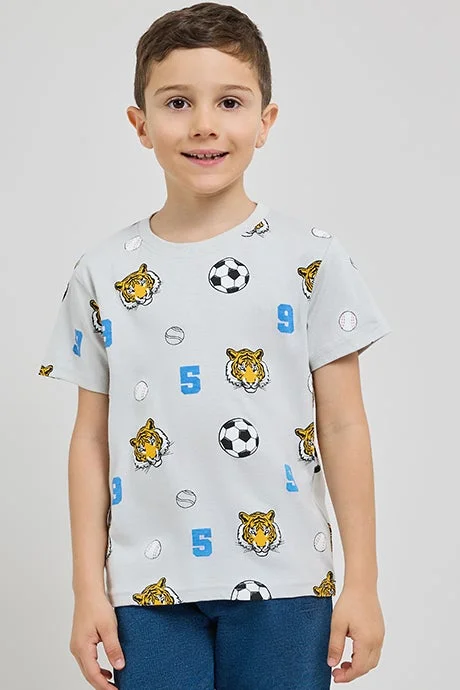 أر أند بي Printed T-Shirt with Crew Neck and Short Sleeves