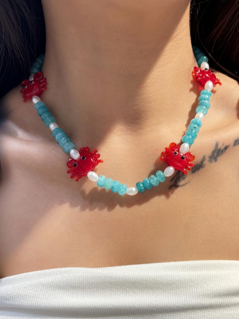 ALYXUY Crab Beaded Gemstone Necklace for Women, Colorful Boho Gemstone Beaded Choker Necklace Freshwater Pearl Surfer Beach Necklace Stylish Handmade Summer Jewelry (Crab) - Image 4