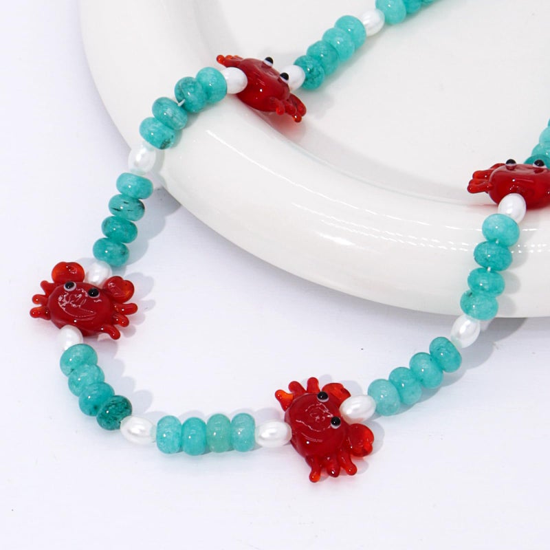 ALYXUY Crab Beaded Gemstone Necklace for Women, Colorful Boho Gemstone Beaded Choker Necklace Freshwater Pearl Surfer Beach Necklace Stylish Handmade Summer Jewelry (Crab) - Image 2