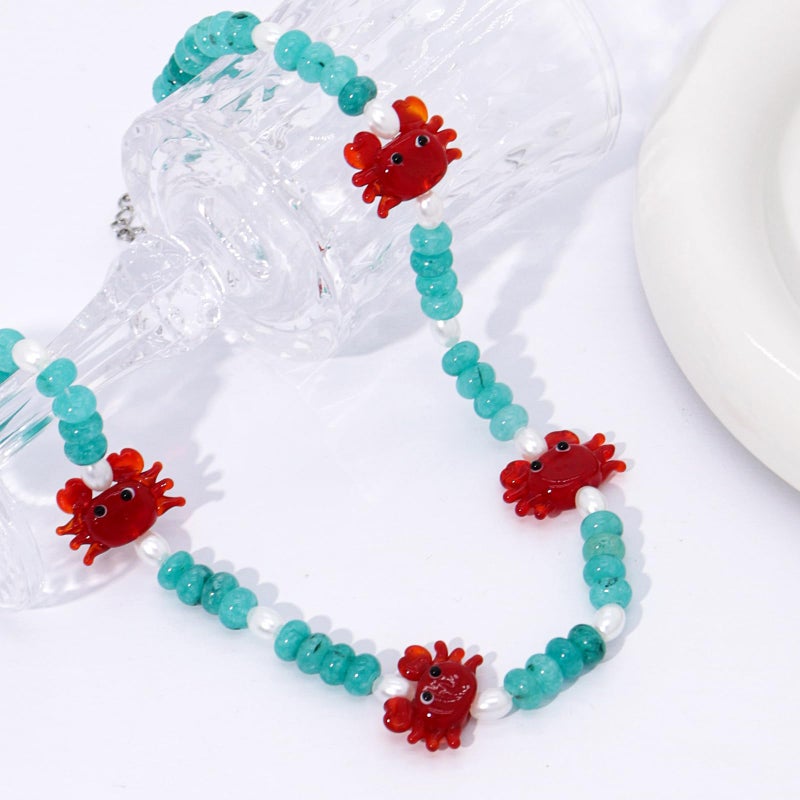 ALYXUY Crab Beaded Gemstone Necklace for Women, Colorful Boho Gemstone Beaded Choker Necklace Freshwater Pearl Surfer Beach Necklace Stylish Handmade Summer Jewelry (Crab) - Image 3