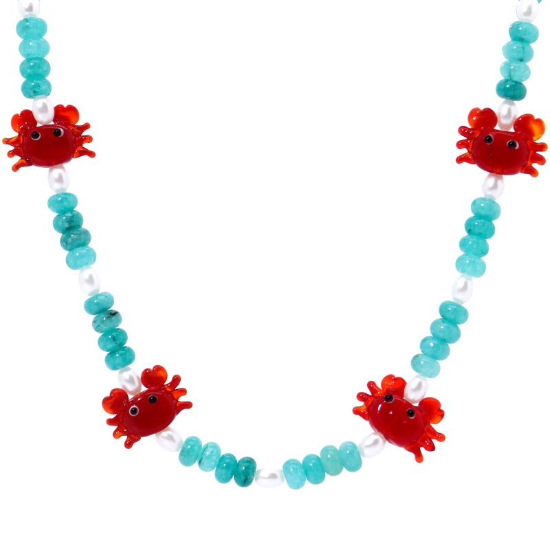 ALYXUY Crab Beaded Gemstone Necklace for Women, Colorful Boho Gemstone Beaded Choker Necklace Freshwater Pearl Surfer Beach Necklace Stylish Handmade Summer Jewelry (Crab) - Image 1