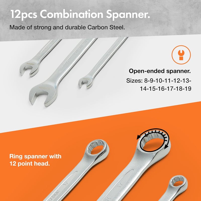 VonHaus مجموعة مفاتيح فاونهاوس 215 قطعة - 1/4"، 3/8"، 1/2" مفاتيح ربط، مفاتيح، قطع توركس لأعمال الصيانة وإصلاح المركبات - Image 5