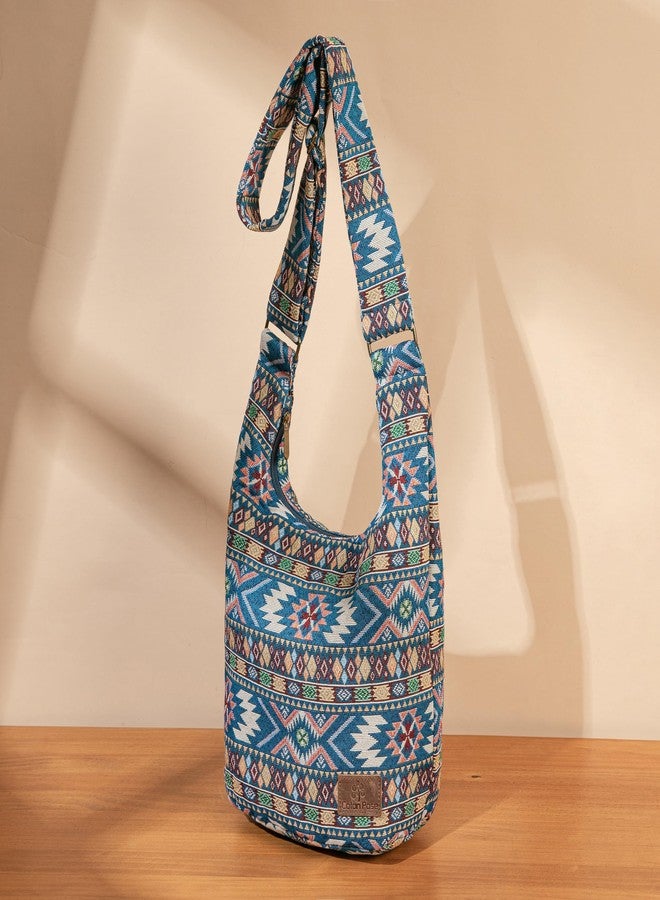 Coton Pose Women Hippie Crossbody Bag Top Zip Large capacity Canvas Sling Bag Jacquard cloth Handmade Bags (Boho blue) - Image 2