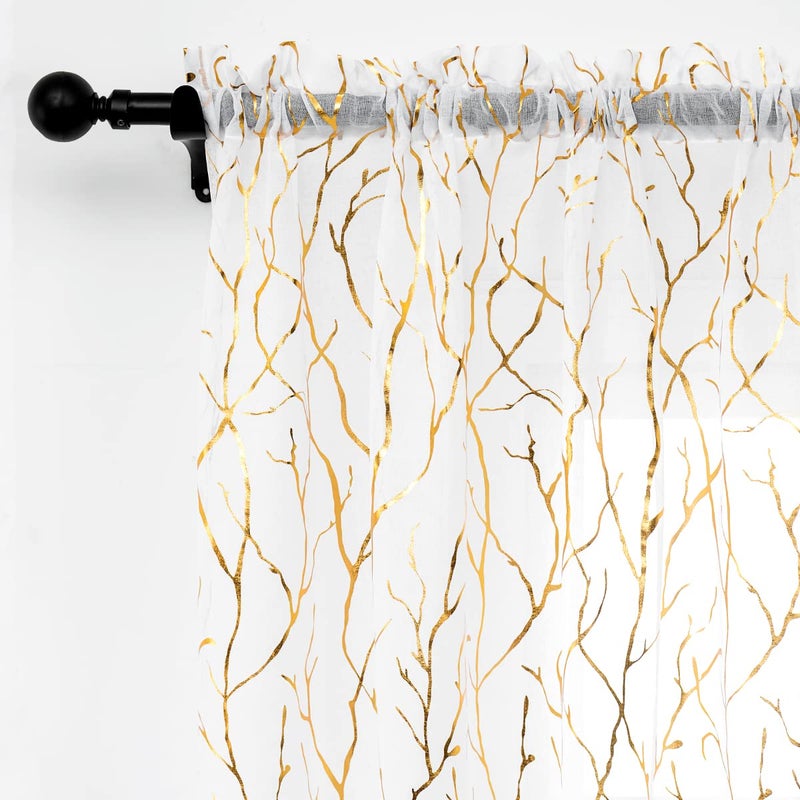 FINECITY Gold White Sheer Curtains 63inch Length 2 Panels Metallic Gold Foil Branches Sheer Curtains for Bedroom Rod Pocket Privacy Sheer Window Curtains 52 x 63 Inch