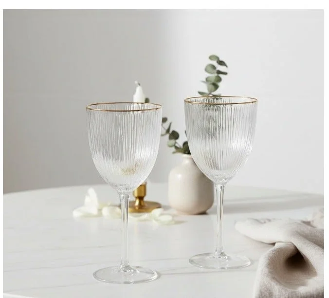 Fissman  2-Piece Wine Glasses 300mL, Embossed Pattern Crystal Clear White Wine Glass | Golden Rim Textured Glassware Set  | Best Price UAE