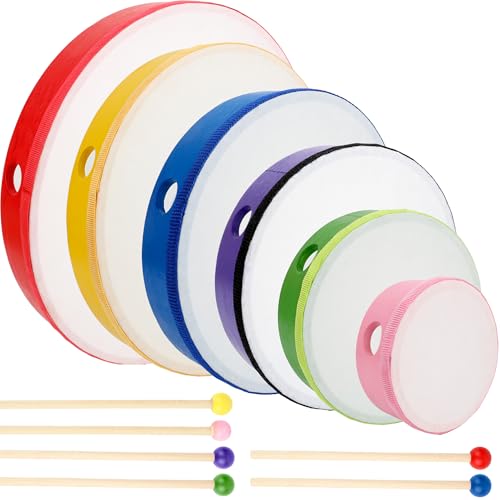 Norcoin 6 Pack Kids Hand Drums Wood Frame Drum Set with Drum Sticks 12 Inch 10 Inch 8 Inch 7 Inch 6 Inch 4 Inch Percussion Instruments for Kids Adults Beginners Home School Party Gifts - Image 1