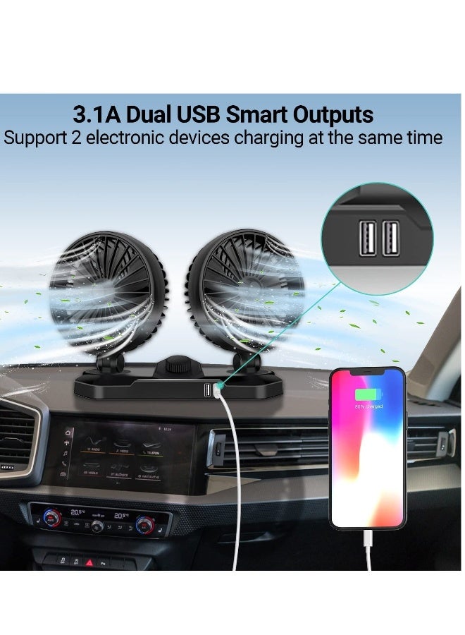Loquat Dual Head USB Car Fan, 12 V 360°Adjustable Dual Head Cooling Air Fan, Two 3.1A USB Smart Output Charging Port,Suitable for Sedan SUV RV Truck Cruise, Home Office Desktop - Image 2