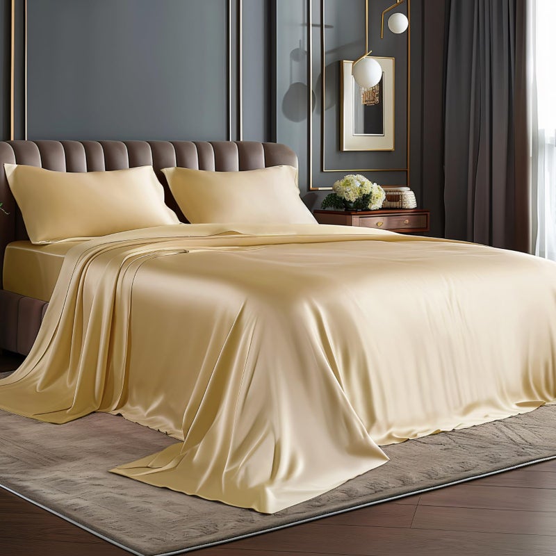 BEDELITE California King Sheets Set  Luxury Soft Champagne Satin Sheets for Hair and Skin  Similar to Silk Bed Sheets Set 4 Pieces with 1 Deep Pocket Fitted Sheet  1 Flat Sheet  and 2 Pillowcases - Image 1
