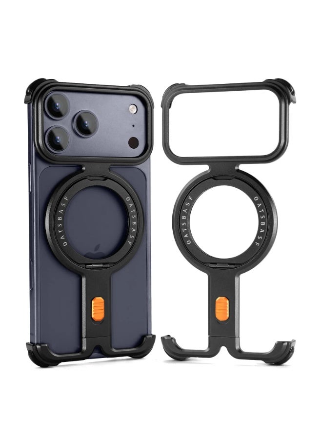 OATSBASF iPhone 17 Pro Black Case with 360° Rotation Kickstand | Aluminum Metal Frameless Bumper Z Case | Shockproof Protective Cover - Image 1