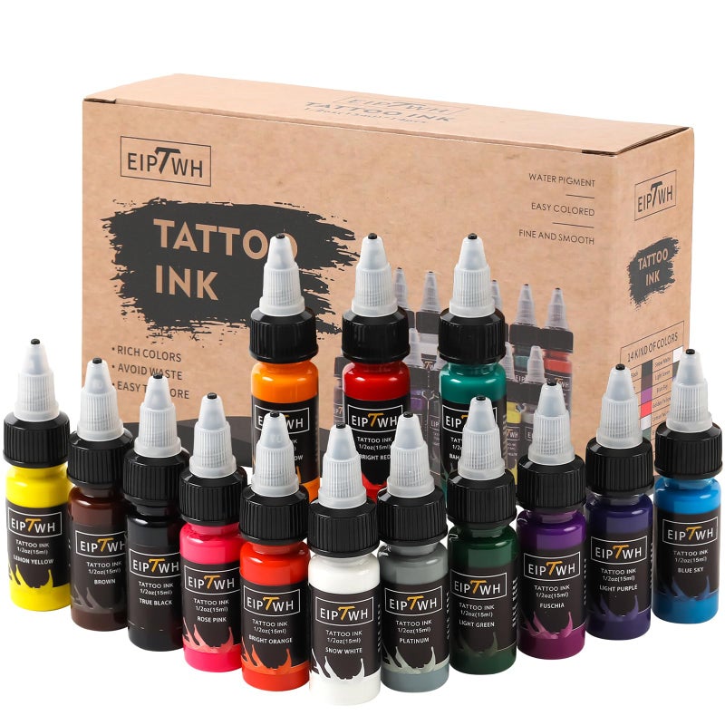 EIPTWH 14 Colors Tattoo Ink Set,15ml 1/2oz Tattoo Ink Colors Set for Outlining&Shading,Professionals Tattoo Pigments for Tattoo Body Art - Image 1