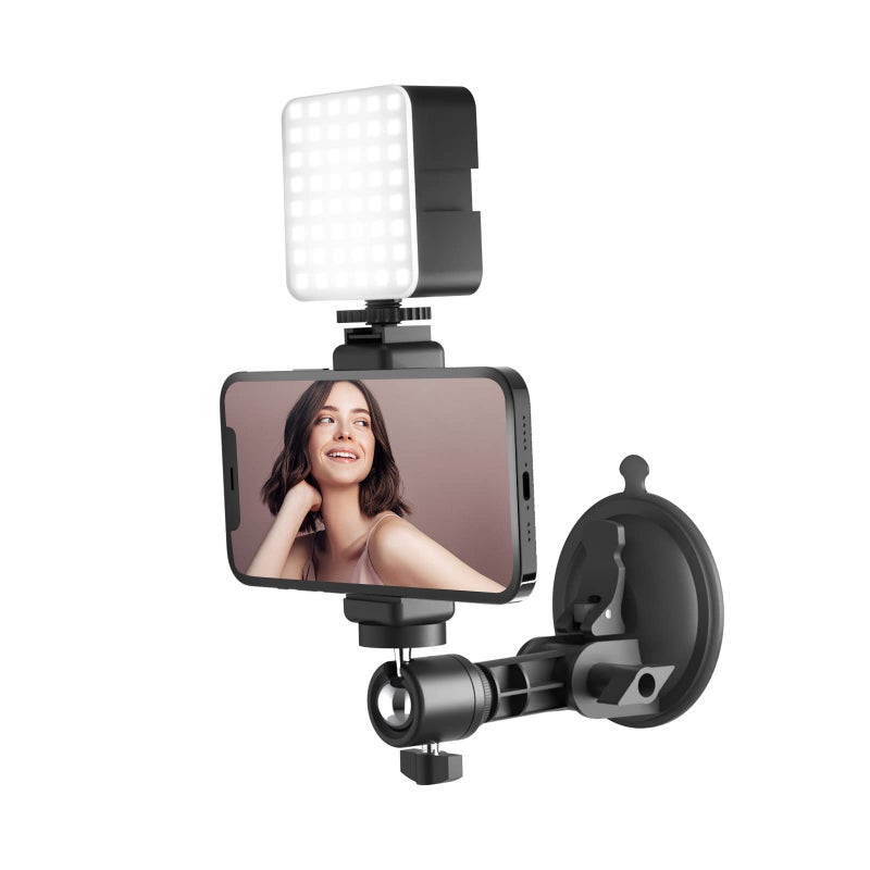 LenTok Suction Cup Mirror Phone Holder with Light, Travel Wall Phone Camera Mount for Makeup Content Creator Essentials, Mirror Tripod for Bathroom Kitchen Compatile with All Smooth Surface - Image 1