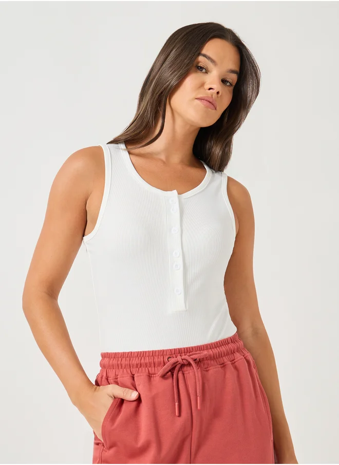 ستايلي Ribbed Button Front Sleeveless Jersey Bodysuit