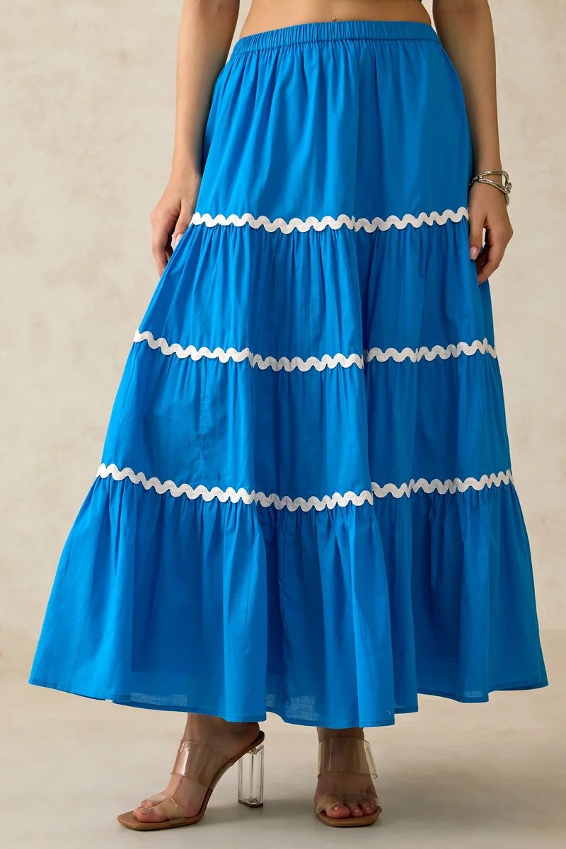 Virgio Cotton Blue Brunchwear Tiered Skirts for Women