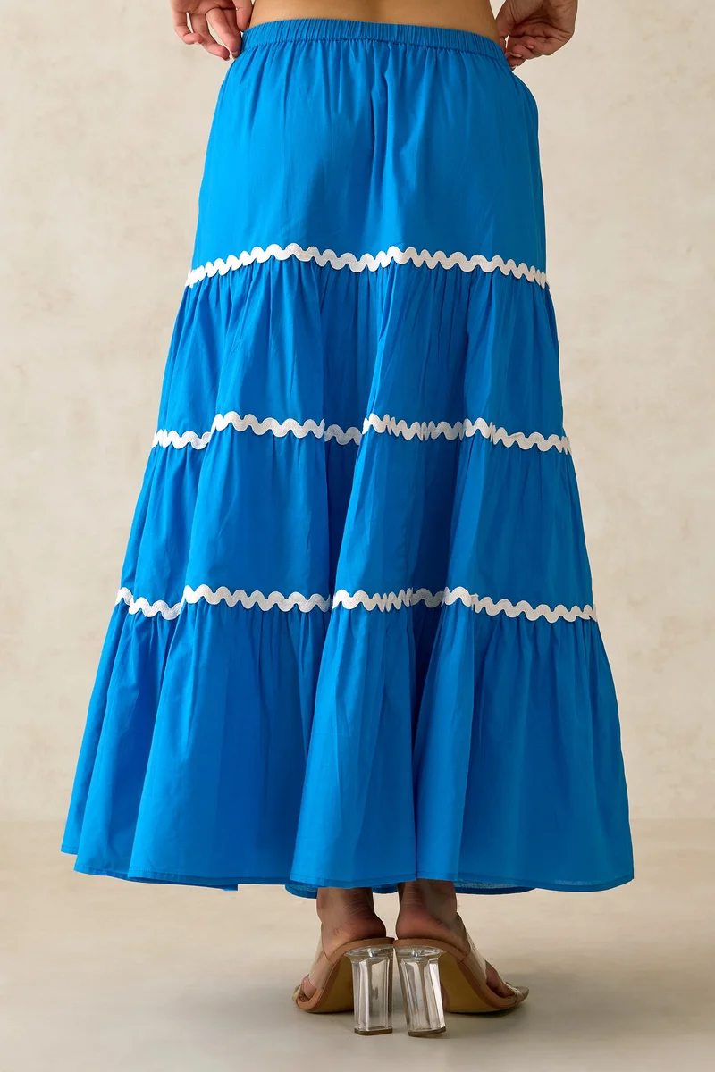 Virgio Cotton Blue Brunchwear Tiered Skirts for Women