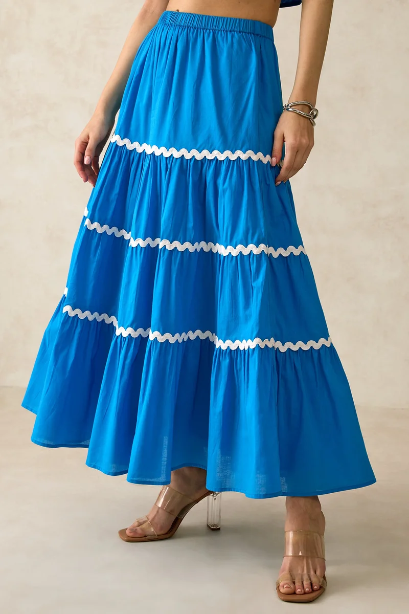 Virgio Cotton Blue Brunchwear Tiered Skirts for Women