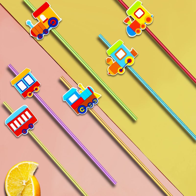 Meaxur 24 Pack Train Theme Straws 6 Colors Reusable Plastic Straws Drink Cocktail Straws with Cartoon Decoration Kids Train Party Supplies Birthday Party Favors with 2 Cleaning Brushes - Image 5