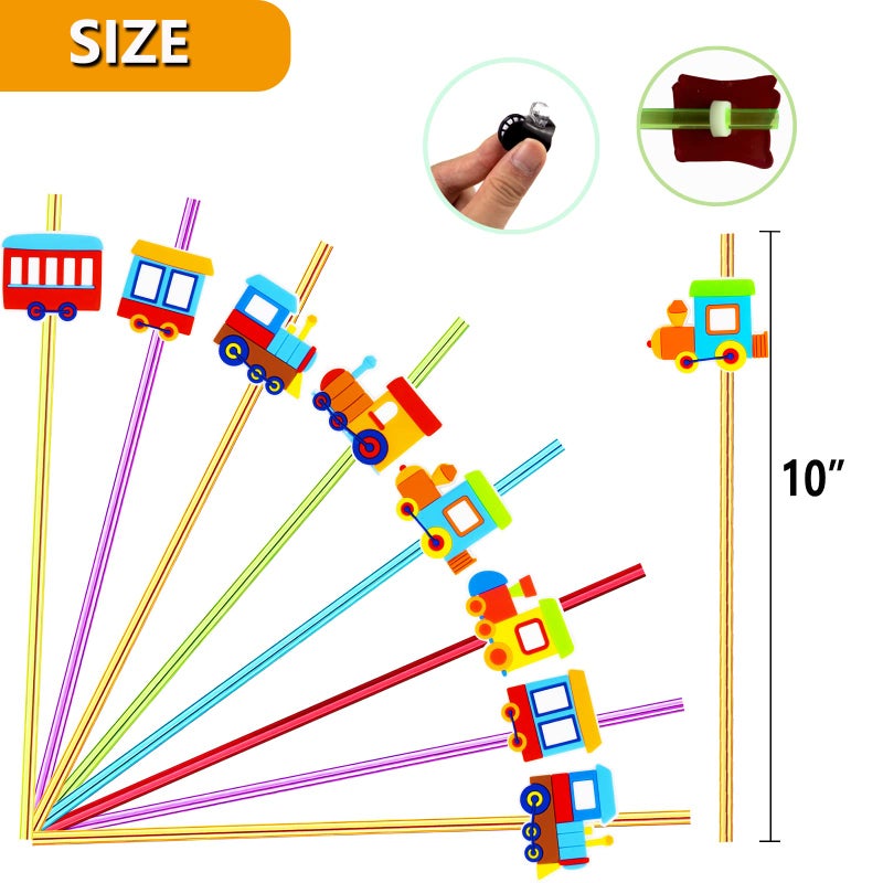Meaxur 24 Pack Train Theme Straws 6 Colors Reusable Plastic Straws Drink Cocktail Straws with Cartoon Decoration Kids Train Party Supplies Birthday Party Favors with 2 Cleaning Brushes - Image 2