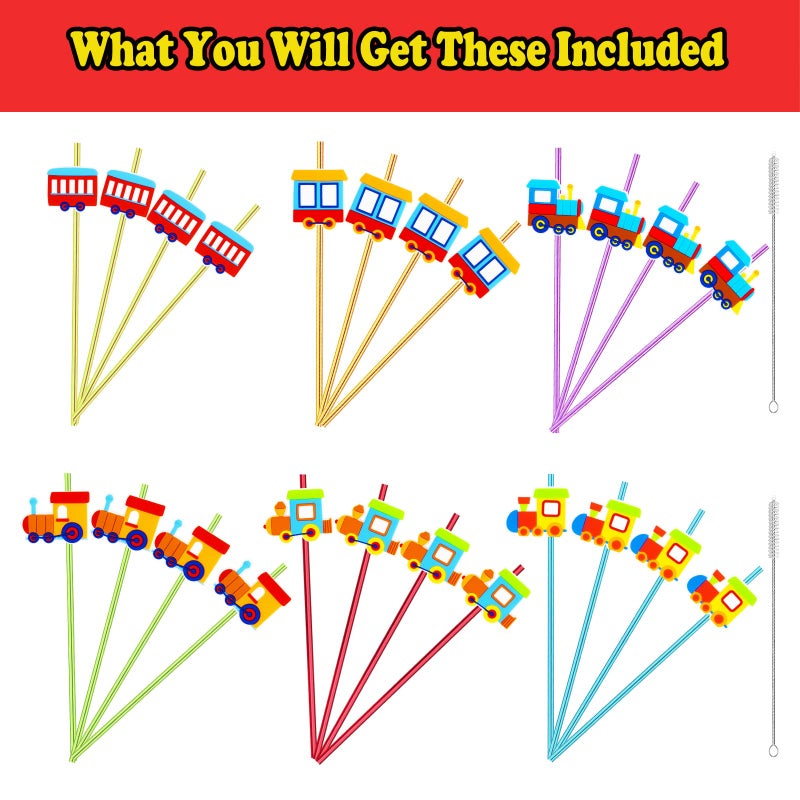Meaxur 24 Pack Train Theme Straws 6 Colors Reusable Plastic Straws Drink Cocktail Straws with Cartoon Decoration Kids Train Party Supplies Birthday Party Favors with 2 Cleaning Brushes - Image 4