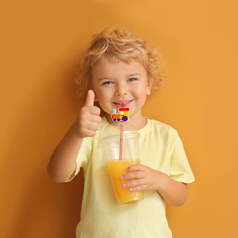 Meaxur 24 Pack Train Theme Straws 6 Colors Reusable Plastic Straws Drink Cocktail Straws with Cartoon Decoration Kids Train Party Supplies Birthday Party Favors with 2 Cleaning Brushes - Image 3