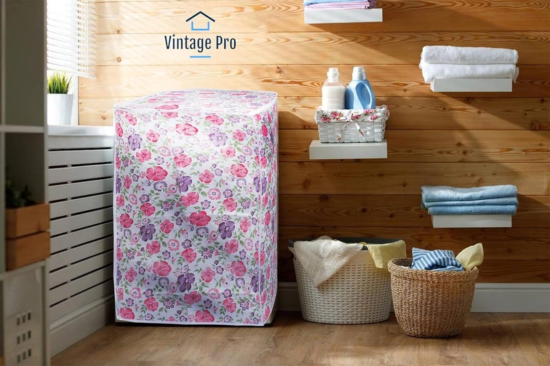 Vintage Pro غطاء غسالة مناسب للتحميل العلوي من LG سعة 6 كجم، 6.2 كجم، 6.5 كجم، 7 كجم، 7.2 كجم، 7.5 كجم (56 سم × 56 سم × 85 سم) زهرة بيضاء ووردية - Image 3