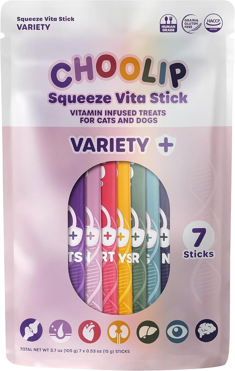 Choolip Squeeze Vita Stick Lickable Cat Treats. Cat and Dog Multivitamin SnackVariety Pack, 7 Different Formulas, Antioxidants, Minerals, Vet-Formulated 7pk Lickable Cat Treat Pack. Nutrient-Packed. - Image 1