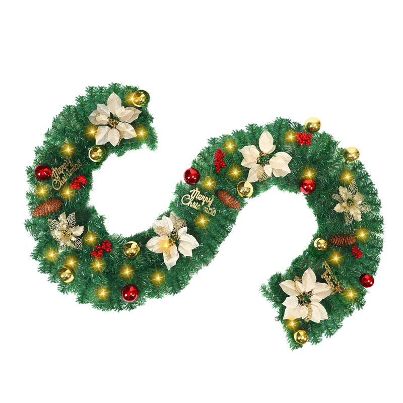 JUNEBRUSHS JUNEBRUSHS 9 FT Christmas Garland with Lights Garland Decorations with 50 LED Lights Battery Operated Prelit Artificial Green Rattan with Flower Balls Christmas Garland Wreath Decor Indoor Outdoor