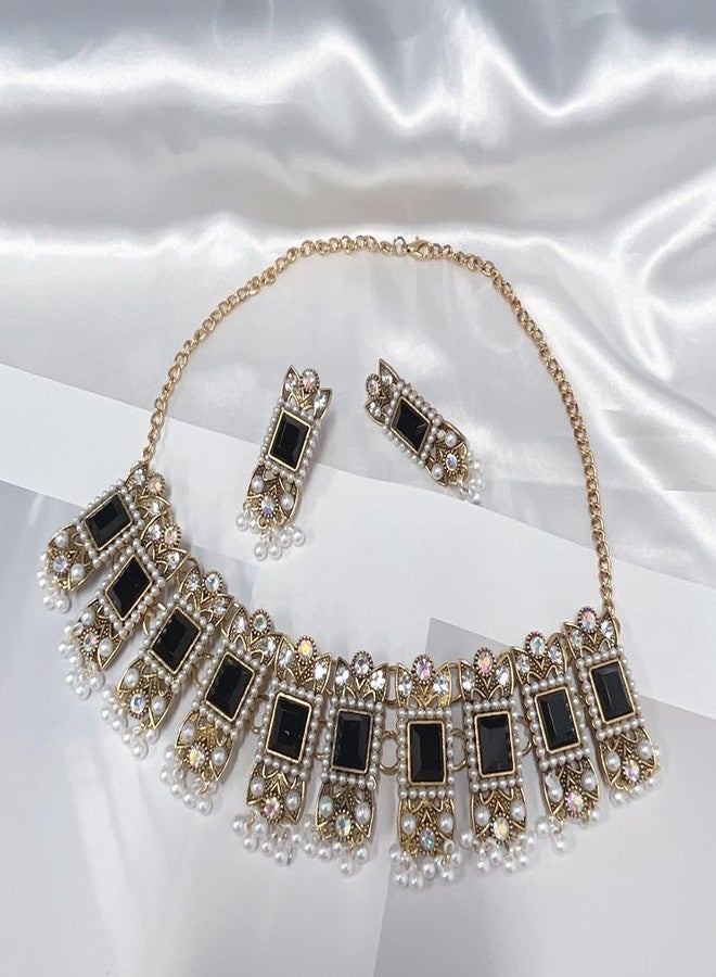 OIDIMS Vintage Rhinestone Indian Jewellery Set for Women Boho Punk Choker Necklace Tassels Pearl Bead Dangle Earring Crystal Wedding Prom Gemstone Traditional Bollywood Ethnic Charms Gift for Mom Xmas (Black) - Image 5