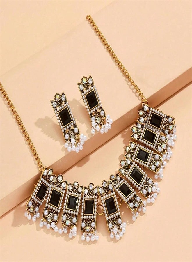OIDIMS Vintage Rhinestone Indian Jewellery Set for Women Boho Punk Choker Necklace Tassels Pearl Bead Dangle Earring Crystal Wedding Prom Gemstone Traditional Bollywood Ethnic Charms Gift for Mom Xmas (Black) - Image 4