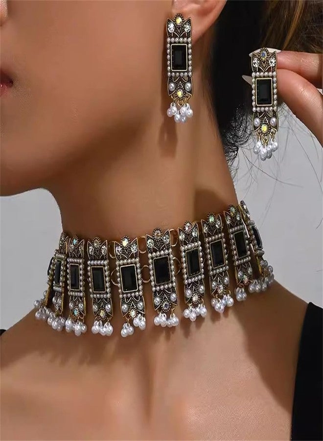 OIDIMS Vintage Rhinestone Indian Jewellery Set for Women Boho Punk Choker Necklace Tassels Pearl Bead Dangle Earring Crystal Wedding Prom Gemstone Traditional Bollywood Ethnic Charms Gift for Mom Xmas (Black) - Image 2