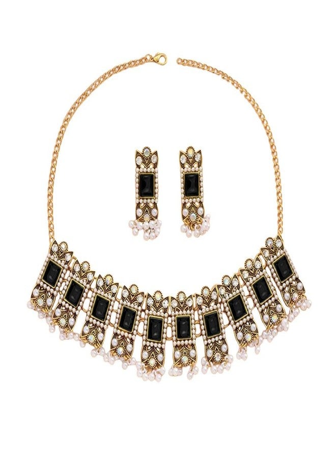 OIDIMS Vintage Rhinestone Indian Jewellery Set for Women Boho Punk Choker Necklace Tassels Pearl Bead Dangle Earring Crystal Wedding Prom Gemstone Traditional Bollywood Ethnic Charms Gift for Mom Xmas (Black) - Image 1