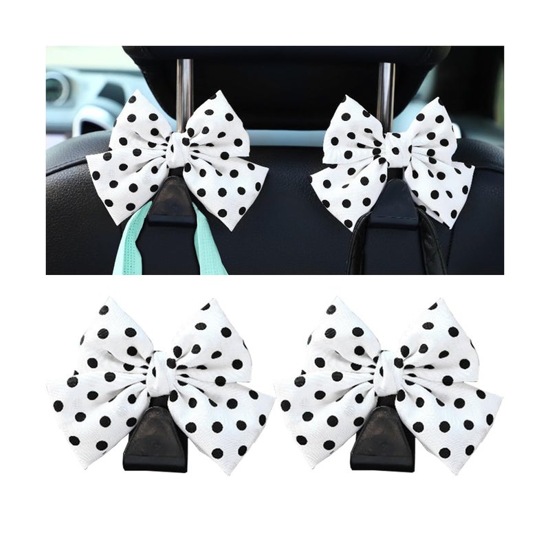 Mandark 2-Piece Car Seat Headrest Hooks - Universal for All Vehicles, Cute Bow Hooks for Purses & Bags, Interior Decoration Accessories (White/Polka Dot) - Image 1