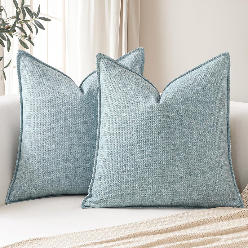 Sungeek Decorative Cushion Covers 60x60cm Set of 2 Soft Plaid Cushion Cases with Stitched Edge Boho Farmhouse Home Decor Throw Pillow Covers for Sofa Couch Patio Bedroom Living Room, Light Blue - Image 1