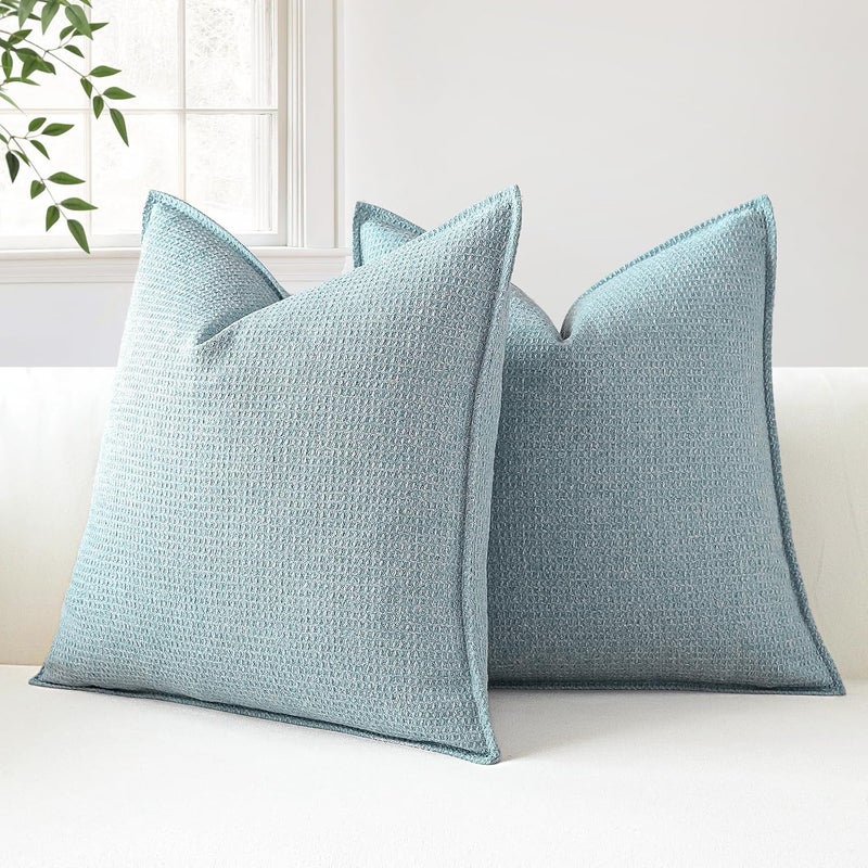 Sungeek Decorative Cushion Covers 60x60cm Set of 2 Soft Plaid Cushion Cases with Stitched Edge Boho Farmhouse Home Decor Throw Pillow Covers for Sofa Couch Patio Bedroom Living Room, Light Blue - Image 4