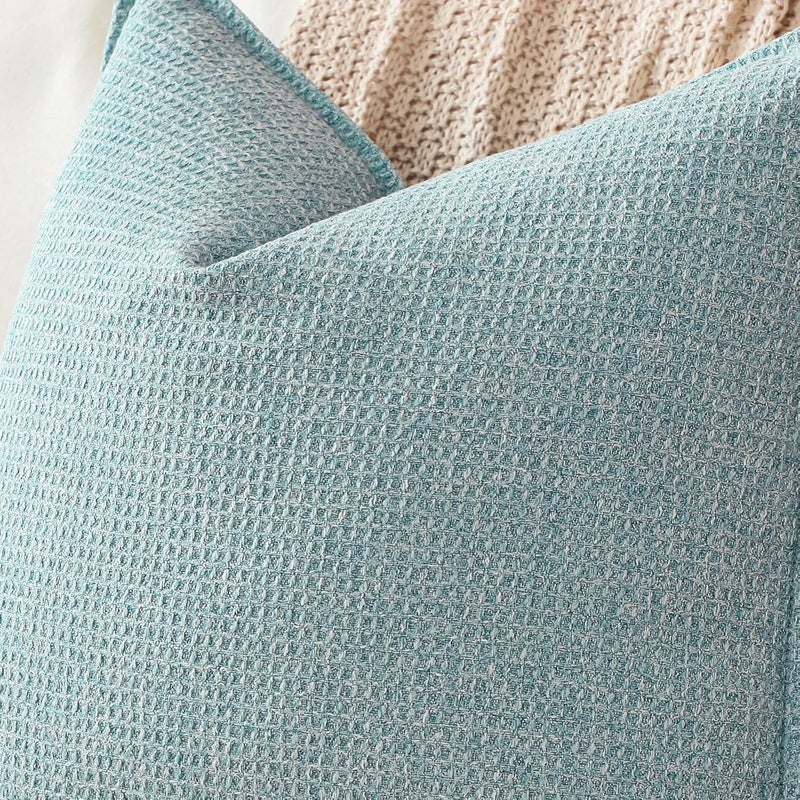 Sungeek Decorative Cushion Covers 60x60cm Set of 2 Soft Plaid Cushion Cases with Stitched Edge Boho Farmhouse Home Decor Throw Pillow Covers for Sofa Couch Patio Bedroom Living Room, Light Blue - Image 2
