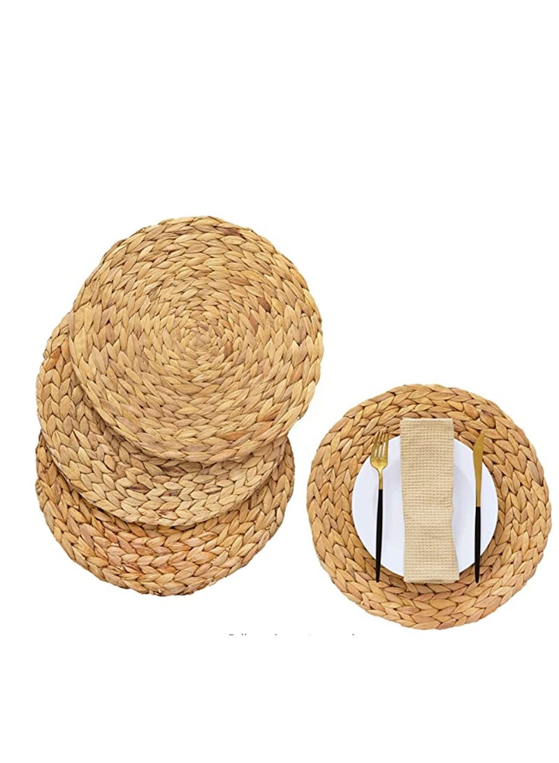 SOLARAE Round Woven Placemats, Natural Water Hyacinth Wicker Placemats, Handmade Straw Woven Round Braided Mat Heat Resistant Hot Insulation Anti-Skidding Pad for Dining Table, Gift for Friends 4 Pcs - Image 1