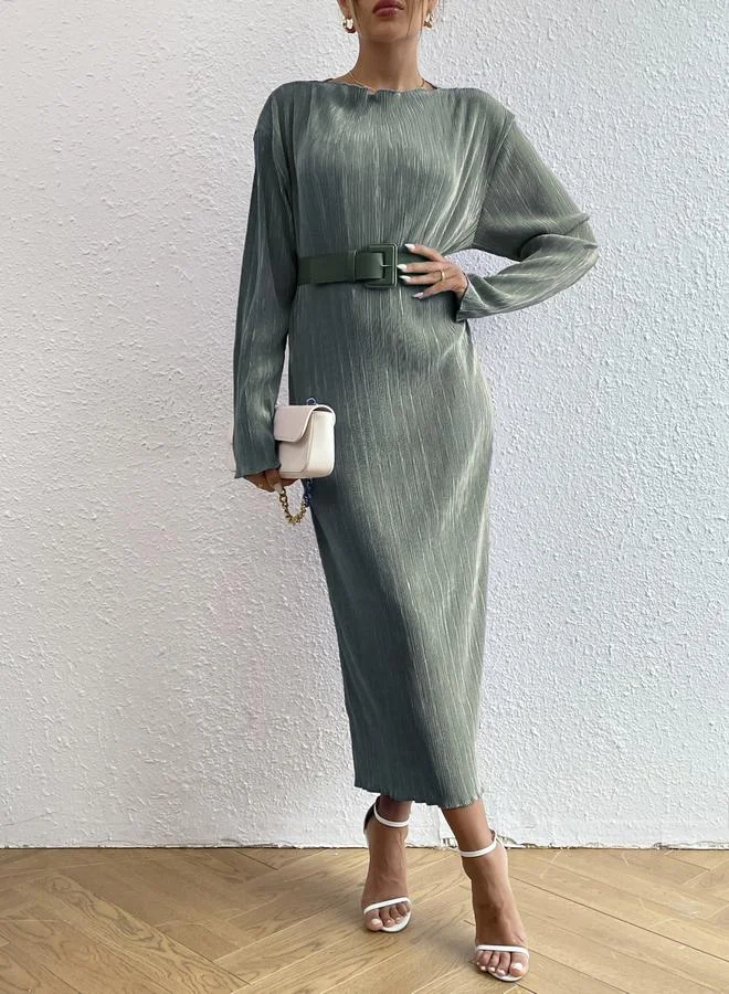 Take Two Take Two Green Plisse Belted Midi Dress
