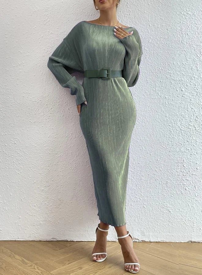 Take Two Take Two Green Plisse Belted Midi Dress