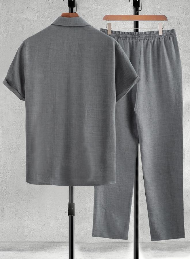 Take Two Men Grey Solid Pocket Detail Shirt and Pants Co-Ords - Image 2