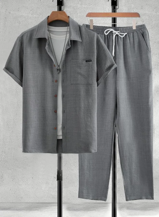Take Two Men Grey Solid Pocket Detail Shirt and Pants Co-Ords