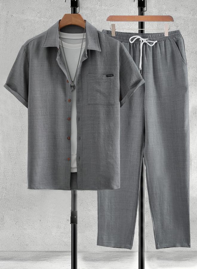 Take Two Men Grey Solid Pocket Detail Shirt and Pants Co-Ords - Image 1