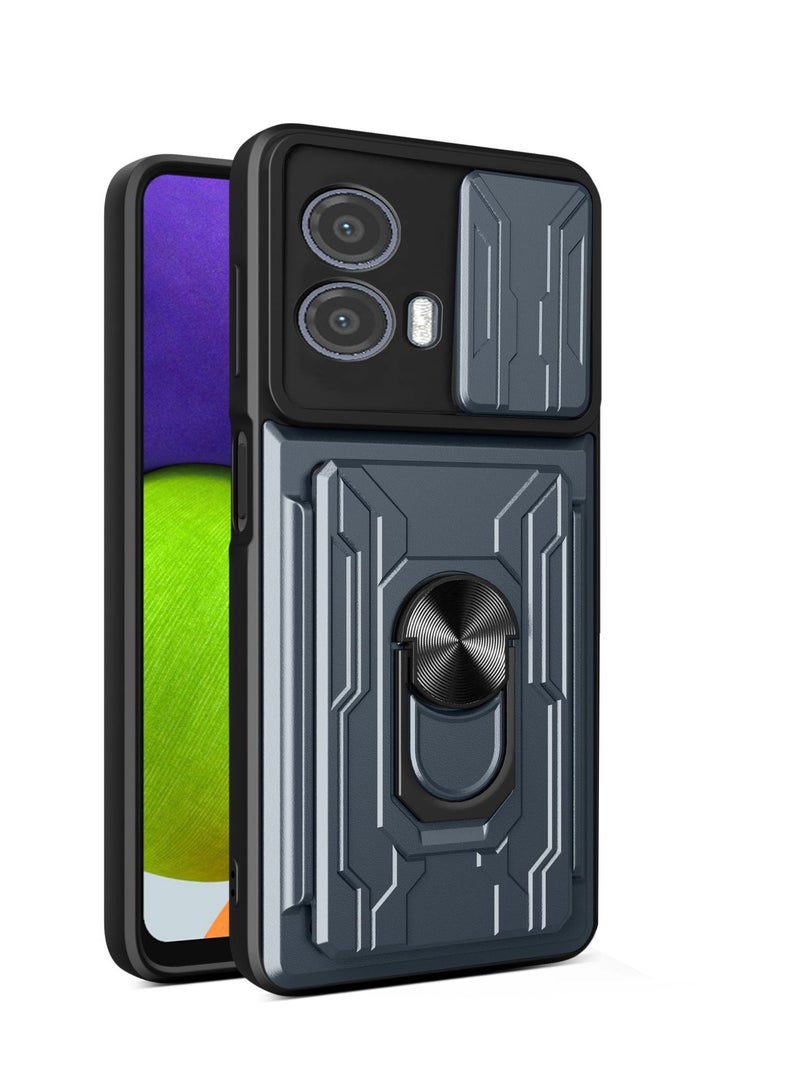 Motorola Moto G53 5G/ G13 4G/ G23 4G Mobile Phone Case Cover with Card Holder, Slide Camera Lens Cover, 360°Rotating Kickstand Ring, Bumper Shockproof Phone Case 