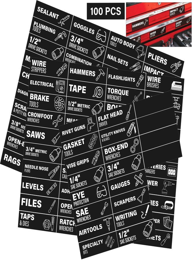 EliteSign 105 PCS Magnetic Toolbox Labels, Tool Chest Organizer with 4 Blank Label, Strong Magnet with Icons for Toolboxes Organization, Fits All Brands of Steel Tool Box Drawers 3" x 1" - Image 1