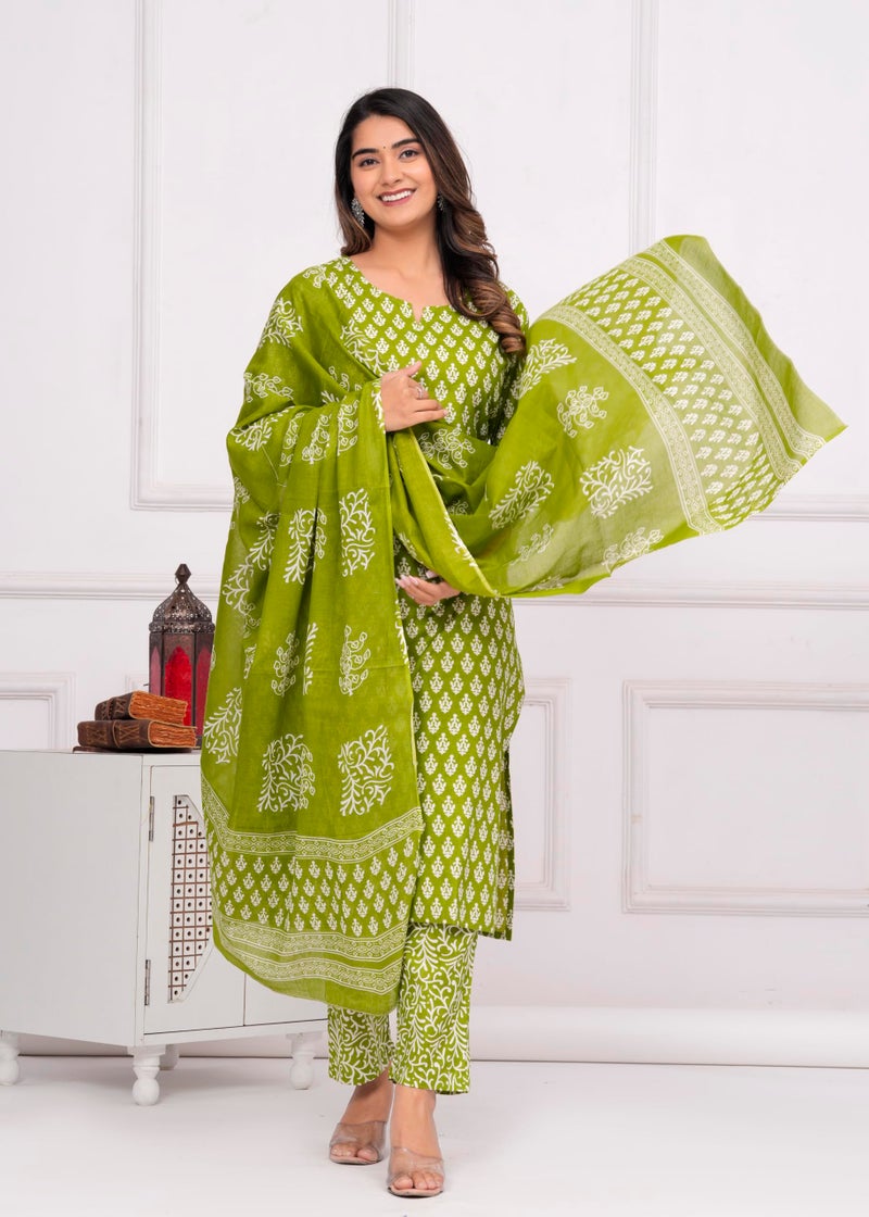 MEERA FAB Women Cotton Printed Straight Kurta With Palazzo & Dupatta Set, Green, 7XL - Image 4