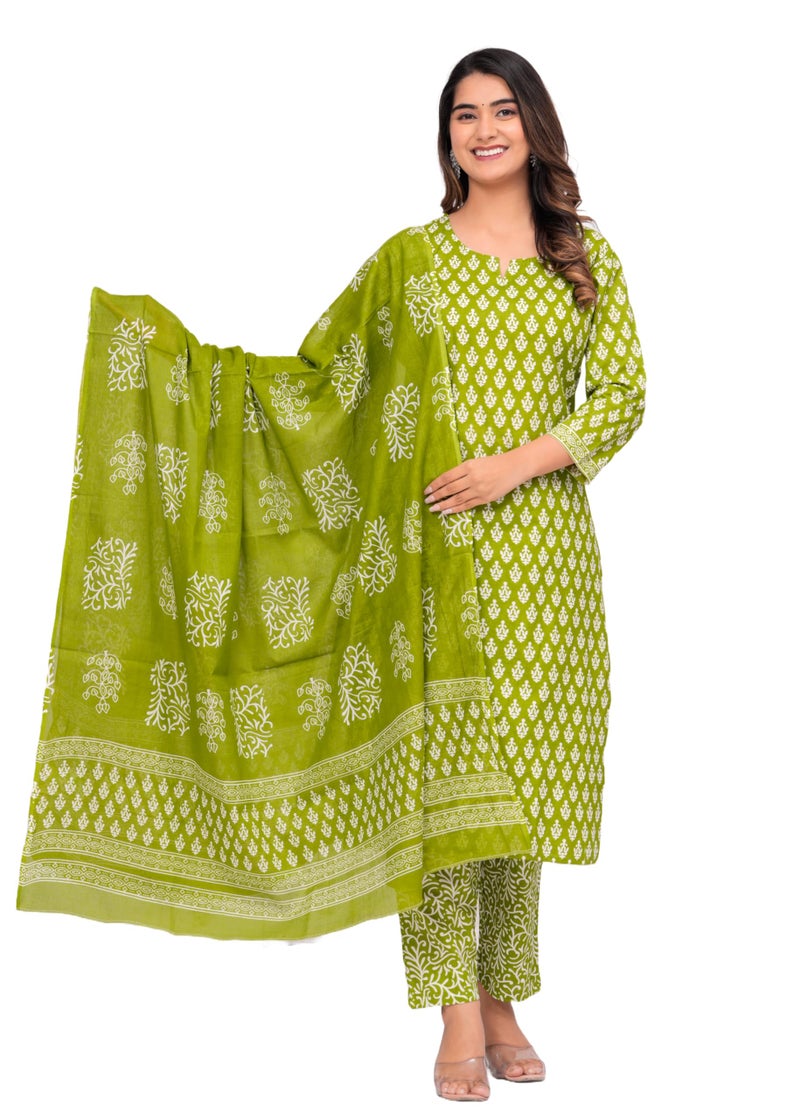 MEERA FAB Women Cotton Printed Straight Kurta With Palazzo & Dupatta Set, Green, 7XL - Image 1