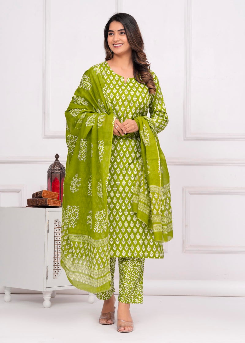MEERA FAB Women Cotton Printed Straight Kurta With Palazzo & Dupatta Set, Green, 7XL - Image 5