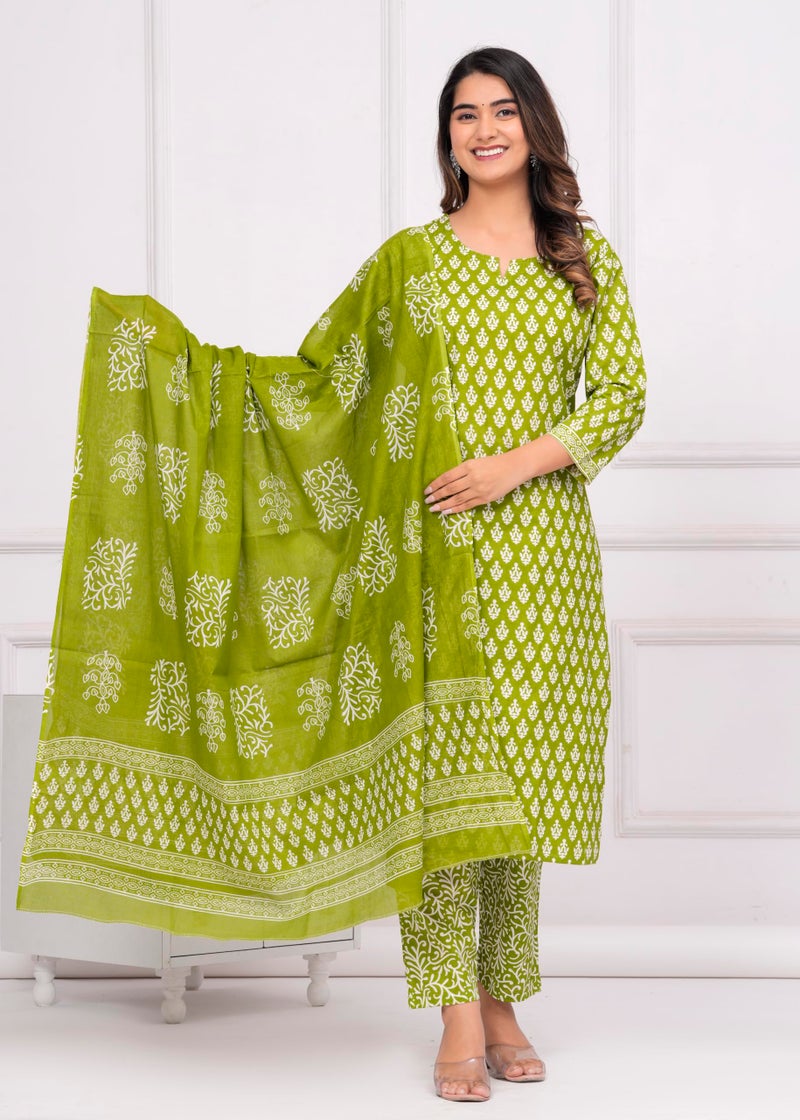 MEERA FAB Women Cotton Printed Straight Kurta With Palazzo & Dupatta Set, Green, 7XL - Image 2