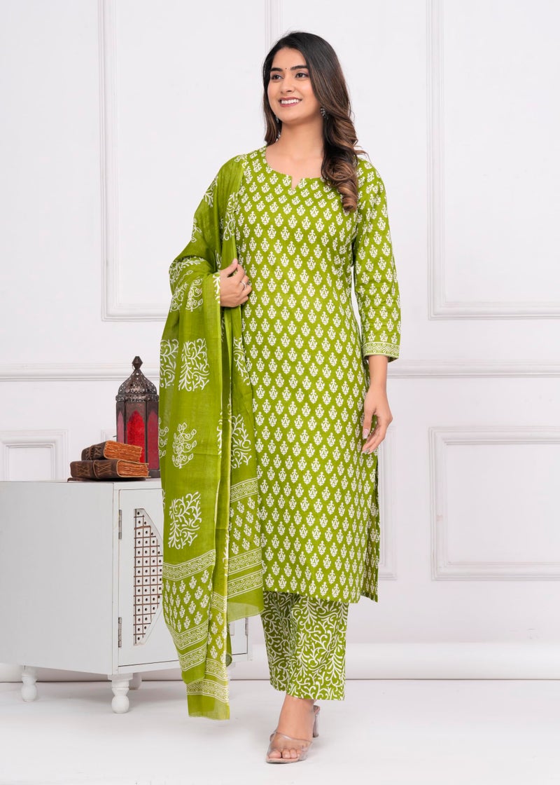 MEERA FAB Women Cotton Printed Straight Kurta With Palazzo & Dupatta Set, Green, 7XL - Image 3